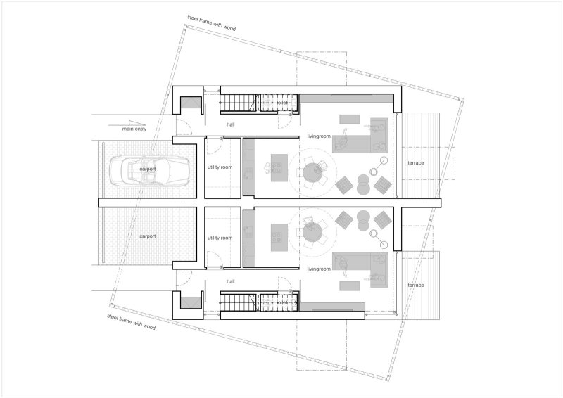 Rodinné domy v Dobříši, půdorys přízemí, Boq architekti