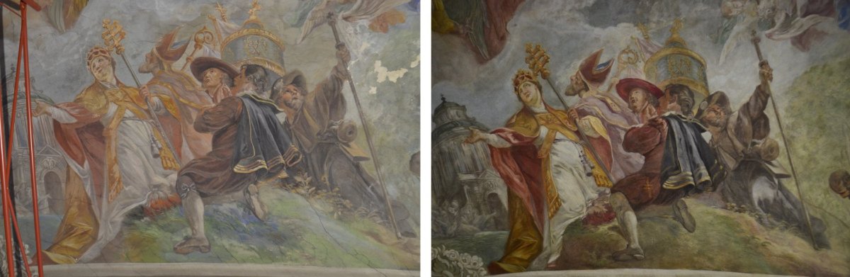 "Představitelé církve" před a po restaurování (Fresky v kostele Narození Panny Marie v Domažlicích restaurovali Jiří Suchan a David Hrabálek)