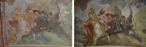 "Představitelé církve" před a po restaurování (Fresky v kostele Narození Panny Marie v Domažlicích restaurovali Jiří Suchan a David Hrabálek)
