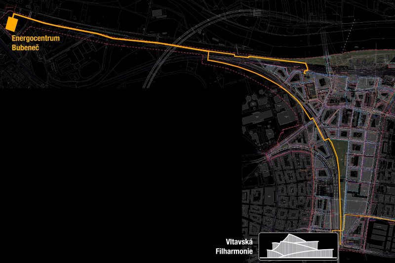 Mapa zásobování Bubnů a Vltavské filharmonie teplem z Energocentra