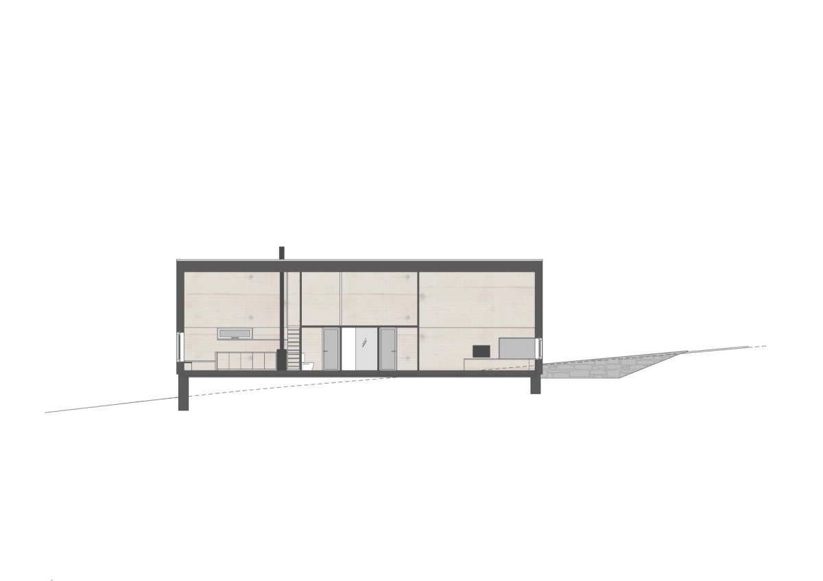 Chata v Jizerských horách, Markéta Cajthamlová, Architektonická projekční kancelář: Řez podélný