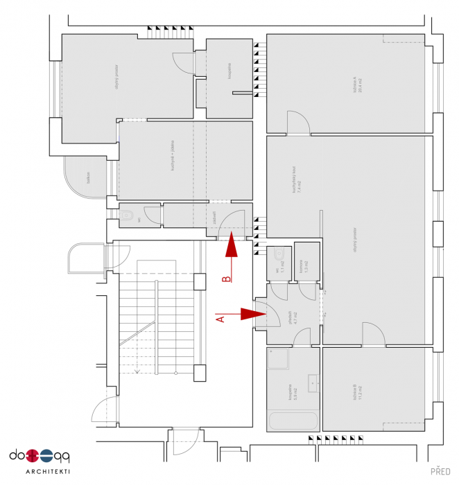 dotegg architekti s. r. o., Půdní byt v Holešovicích, půdorys, původní stav - foto