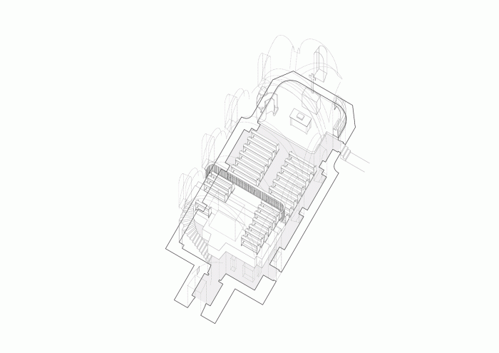 Rekonstrukce evangelického kostela v Hodslavicích, studio OBJEKTOR, axonometrie