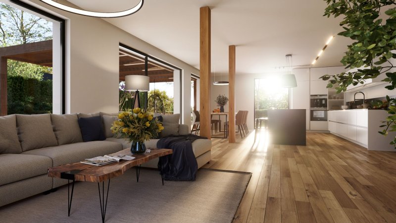 Obývací pokoj s kuchyní (Pasivní dům Moonglade od ZEO Homes)