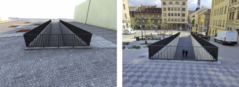 Pohled na rampu - vizualizace (vlevo), realizace (vpravo)