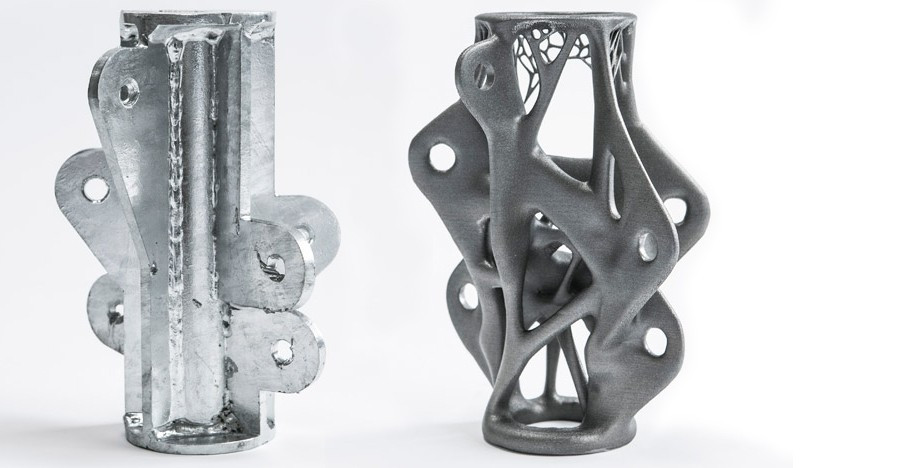 Obr. 4: Porovnání tvaru styčníku fasádní konstrukce vyrobeného běžným způsobem s verzí navrženou topologickou optimalizací a vyrobenou technologií 3D tisku laserovým slinováním kovového prášku, ARUP, Velká Británie,