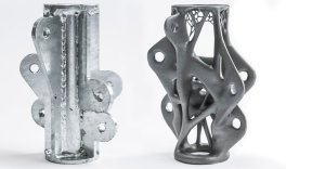 Obr. 4: Porovnání tvaru styčníku fasádní konstrukce vyrobeného běžným způsobem s verzí navrženou topologickou optimalizací a vyrobenou technologií 3D tisku laserovým slinováním kovového prášku, ARUP, Velká Británie,