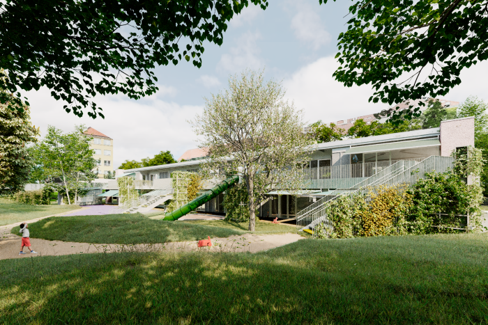 MŠ Jeseniova 98 pro Prahu 3 navržená týmem ve složení Vojtěch Beran, Radka Kurčíková, Anna Svobodová, Ondřej Blaha (svobodova blaha architekti) - pohled ze zahrady (vizualizace)