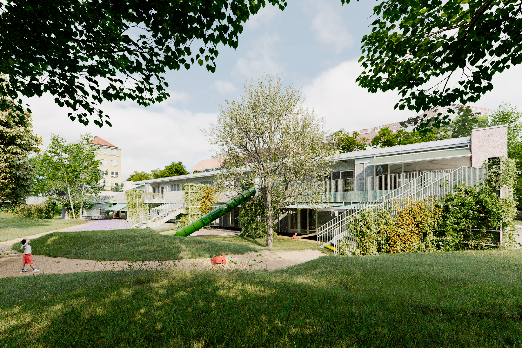 MŠ Jeseniova 98 pro Prahu 3 navržená týmem ve složení Vojtěch Beran, Radka Kurčíková, Anna Svobodová, Ondřej Blaha (svobodova blaha architekti) - pohled ze zahrady (vizualizace)