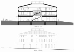 Škola Hovorčovice II, řez a pohled_západ, Ondřej Tuček