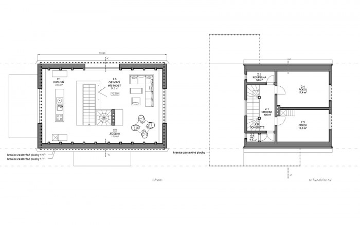 Přestavba chaty ve Svatém Petru, Znamení čtyř - architekti, půdorysy 2NP