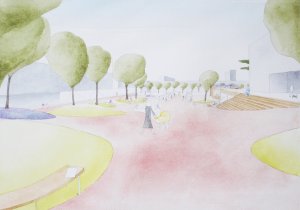 Revitalizace parku a náměstí Krakov v Bohnicích, skica, Rusina Frei architekti