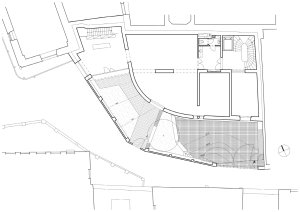 Půdorys přízemí (Bytový dům na Malé Straně; architektonický ateliér Ladislava Lábuse)