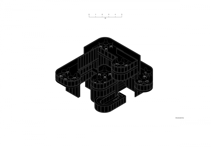 Enotéka - vinný bar a degustační prostor ve Znojmě, Chybík+Krištof, axonometrie vinného baru