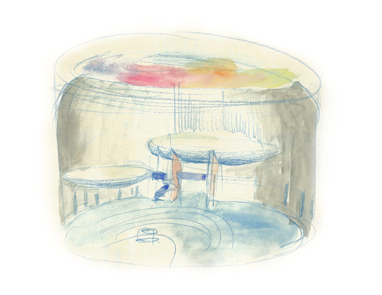 Skica interiéru kostela. Měkké a strohé křivky stavby vytvářejí odhmotněný vnitřní prostor tvarovaný světlem z horního prstencového okna. Skica: Marek Jan Štěpán 2015