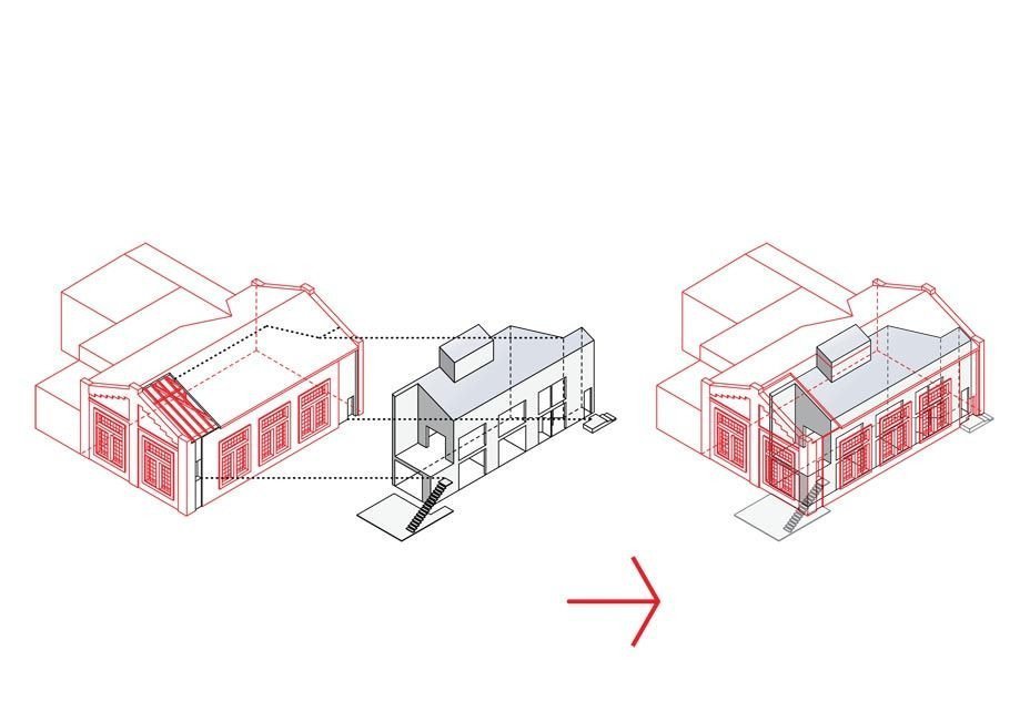 studio NEW WORK, Vestavba bytu do historické průmyslové haly, schéma – foto