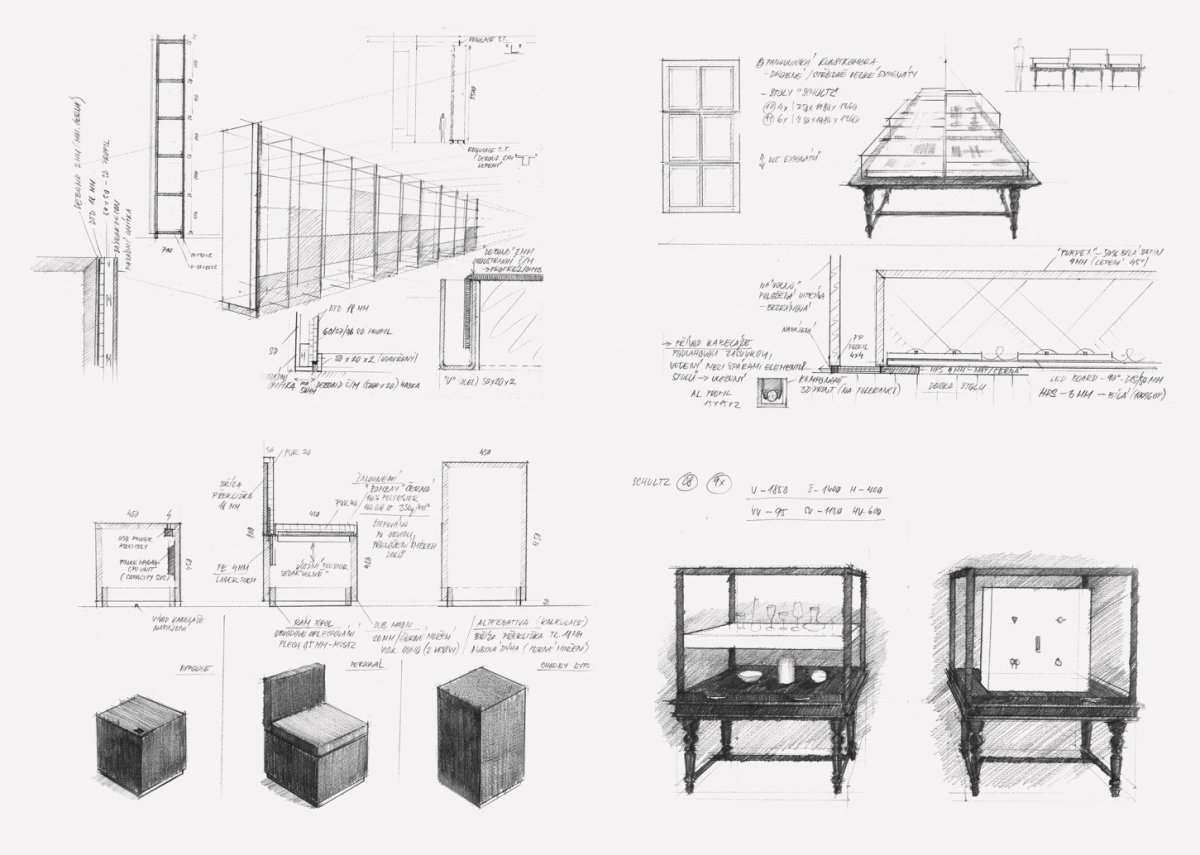 Skica mobiliáře – variabilní regálový systém, historické vitríny doplněné o moderní světelné prvky, návrh sezení, Tomáš Varga, Jakub Jansa a 20YY Designers