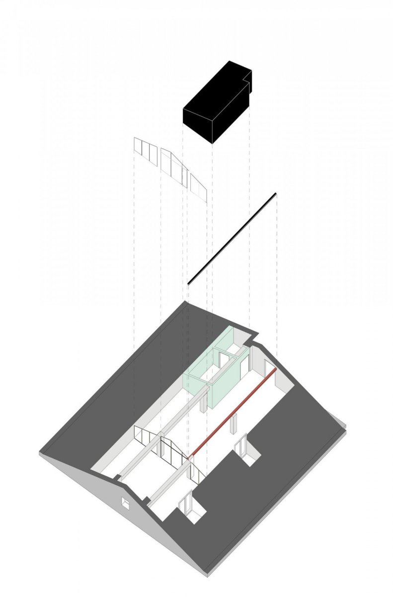 Podkrovní byt v Turíně, BLAARCHITETTURA - hmotová axonometrie