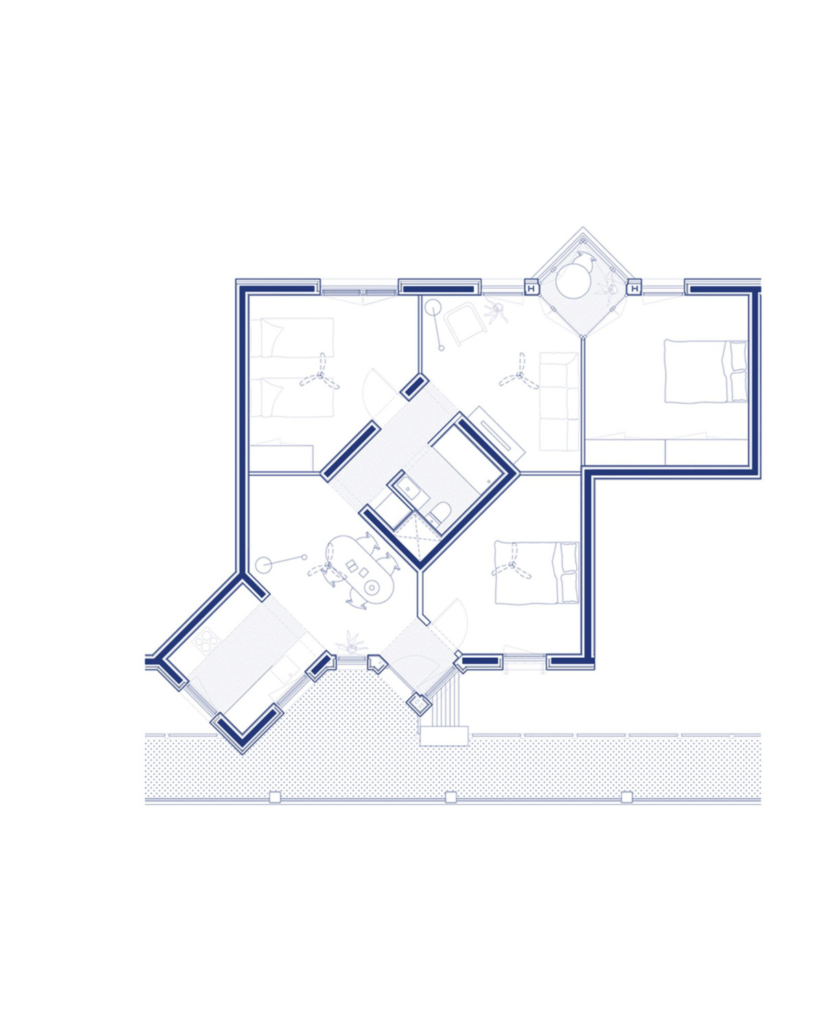 Půdorys bytu (Bytový dům La Comunidad Habitacional v Barceloně; Cierto Estudio)