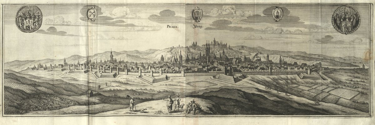 Matthäus Merian podle Karla Škréty, Veduta Prahy, 1650, lept s mědirytem z knihy Topographia Bohemiae, Moraviae et Silesiae.