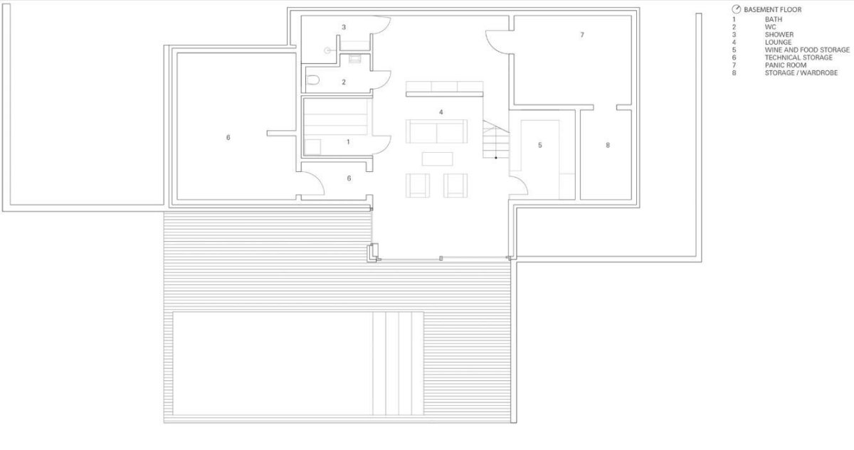 Vila v Lotyšsku, půdorys suterén, OUTOFBOX architecture