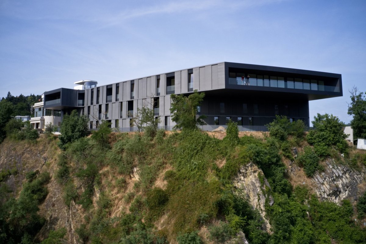 Větší dům má čtyřicet pět bytů, má tmavou kovovou fasádu a půdorys lichoběžníku. Podle architektů má kontrastovat s oblou bílou vlnovkou.