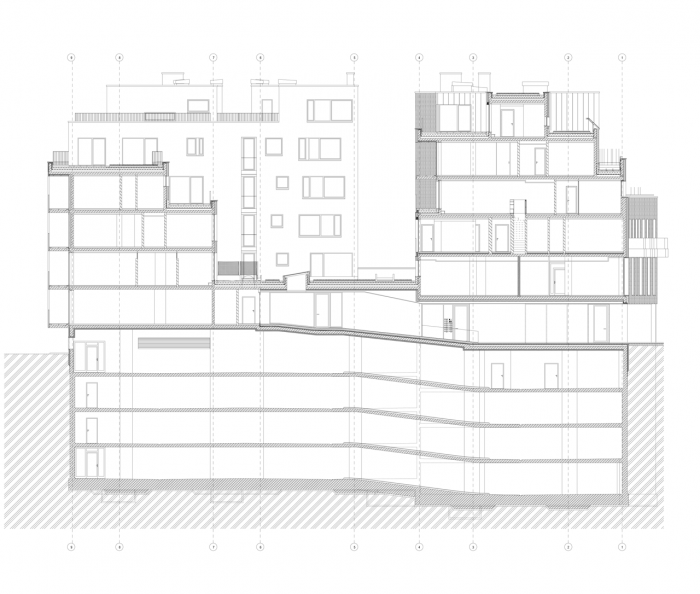 gutgut, JRKVC, DUN / Bytový dom na Dunajskej, řez příčný – foto