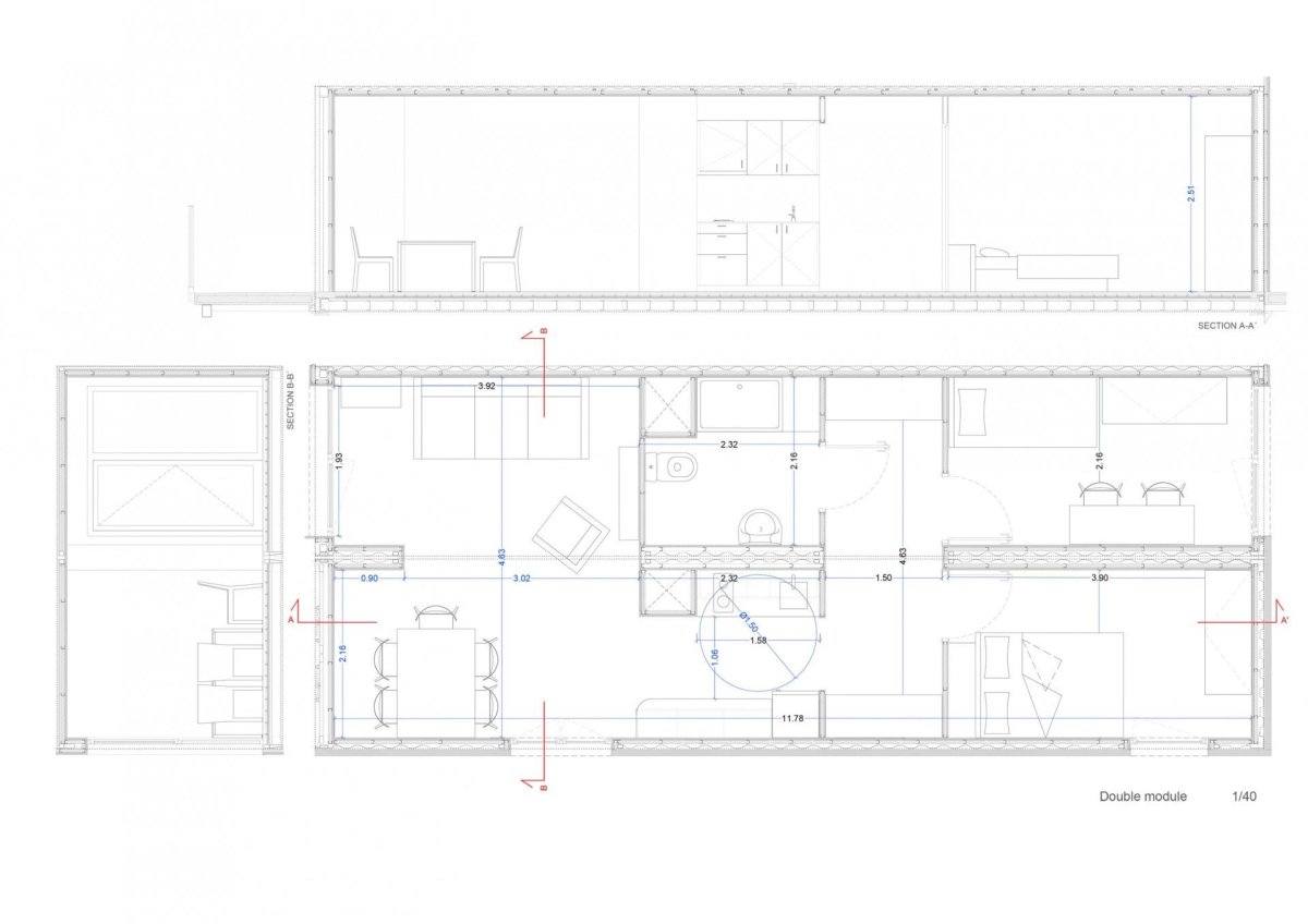 Dočasný bytový dům v Barceloně, Straddle3 + Eulia Arkitektura + Yaiza Terré, výkresy