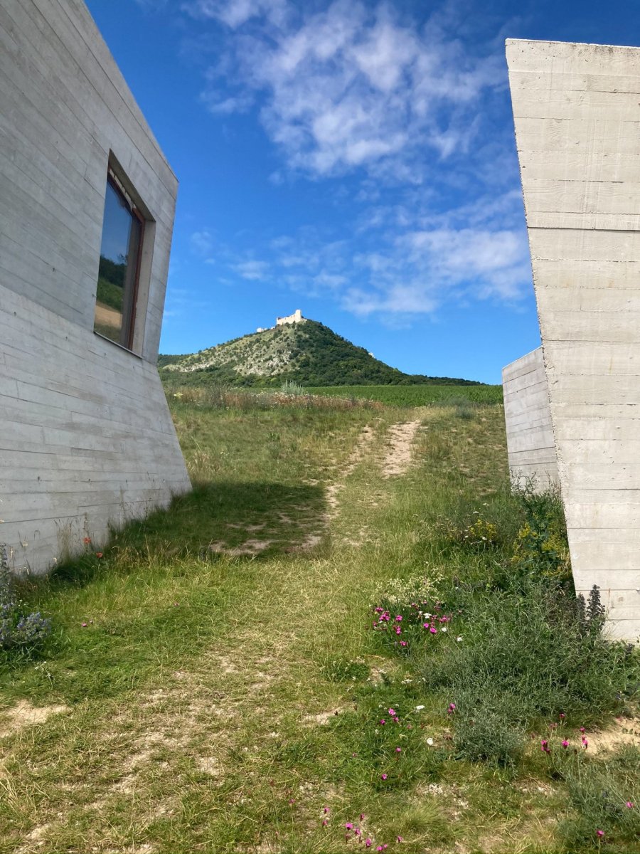 Betonové věže Archeoparku Pavlov doplňují panaroama okolních vrchů s Dívčími hrady. Foto: Klára Koldová