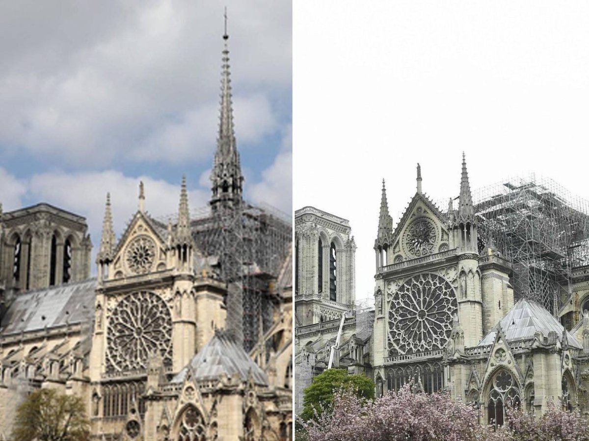 Porovnání stavu před a po požáru katedrály Notre-Dame.