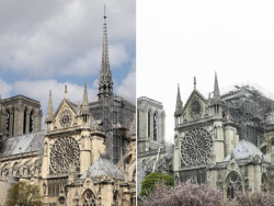 Porovnání stavu před a po požáru katedrály Notre-Dame.