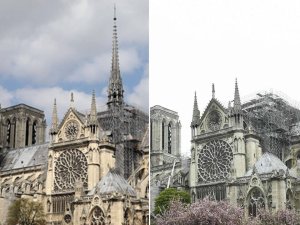 Porovnání stavu před a po požáru katedrály Notre-Dame.