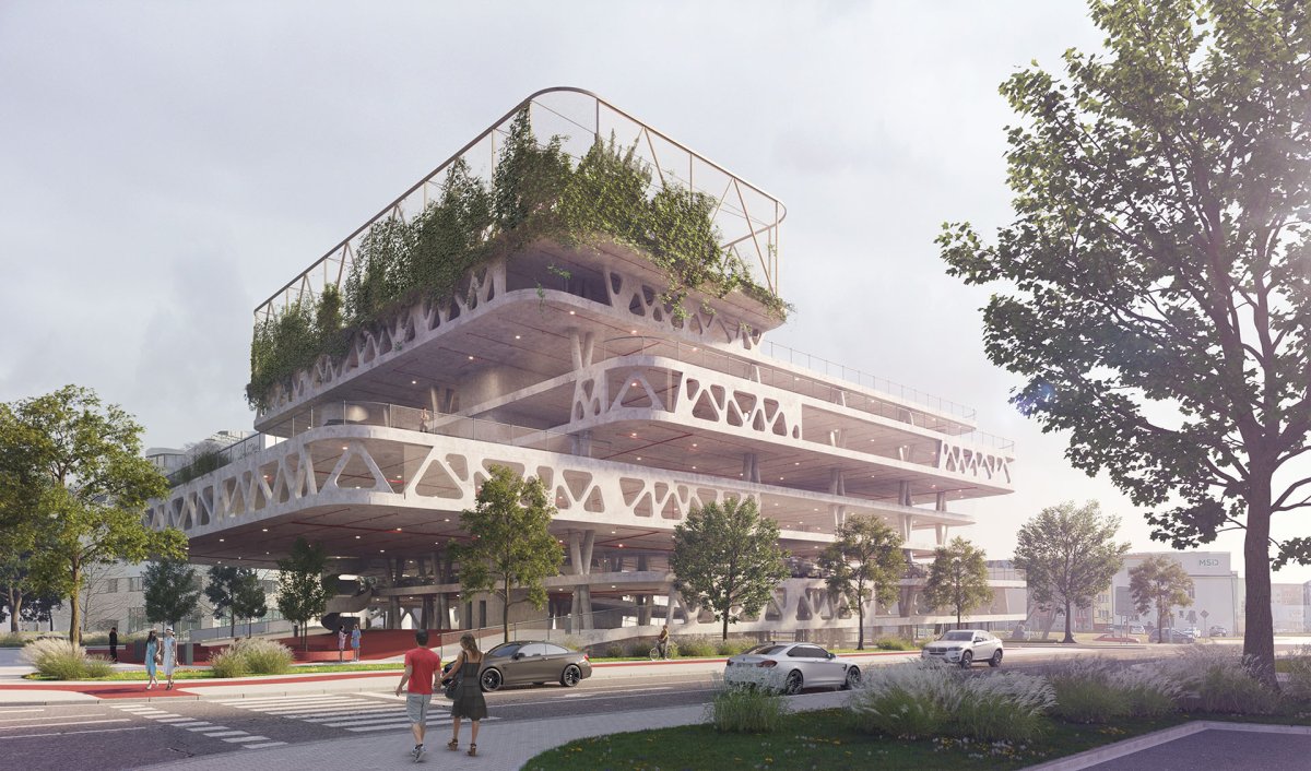 V Ostravě roste nový parkovací dům podle návrhu ateliéru PROJEKTSTUDIO EUCZ. (Parkovací dům v Ostravě, PROJEKTSTUDIO EUCZ)