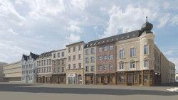 Aktuální vizualizace jižní fronty náměstí s novostavbami historizujících domů