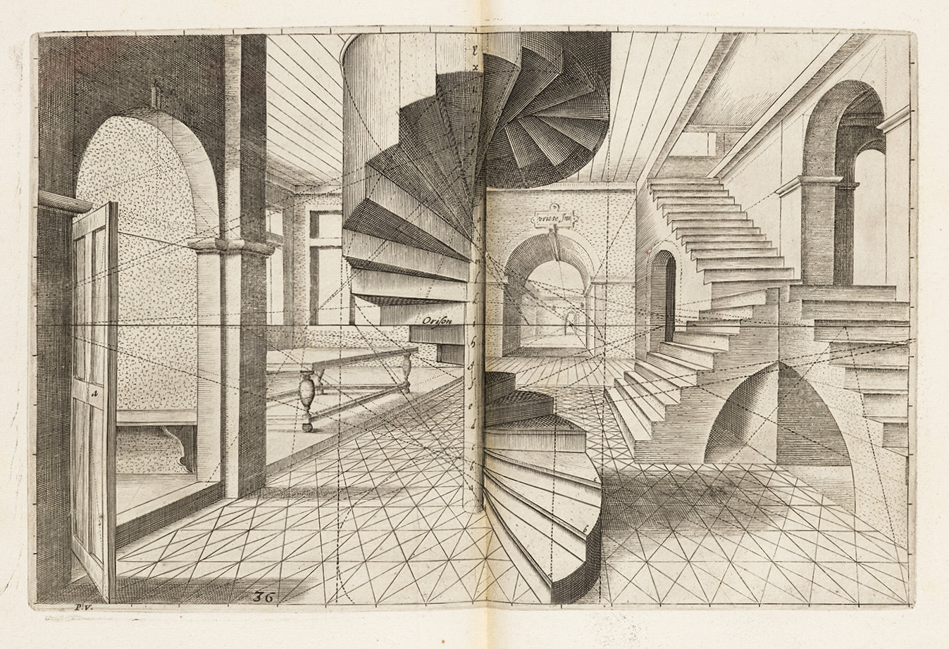 Hendrik Hondius podle Hanse Vredemana de Vries, Perspektivní studie s točitým schodištěm 1639, mědiryt z knihy Hanse Vredemana de Vries a Samuela Maroloise, La Perspective.