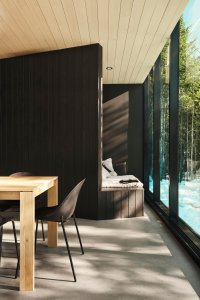Prefabrikované chatky od studia Bourgeois / Lechasseur architects nedaleko kanadské lyžařské oblasti Le Massif de Petite-Rivière-St-François v lese u Charlevoix
