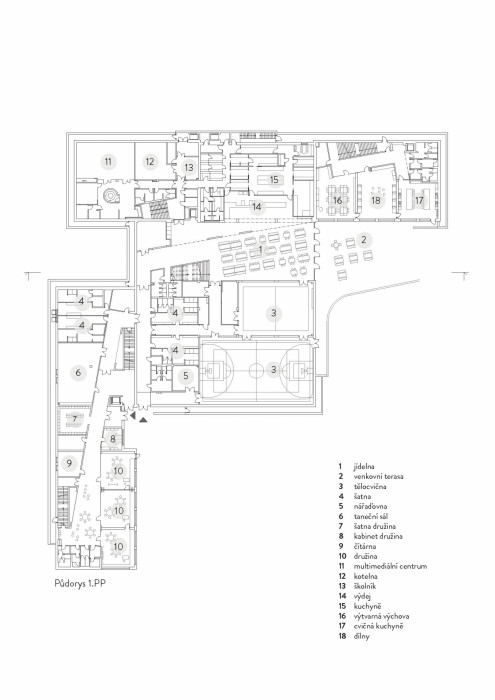 Základní škola Amos pro Psáry a Dolní Jirčany, SOA architekti, půdorys 1PP