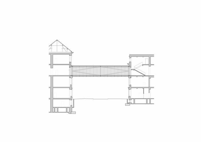 Spojovací lávky VŠCHT, Opočenský Valouch architekti, řez lávky u ulice Zikova