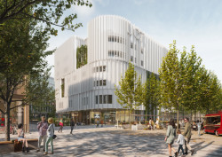 Nová budova Vysoké školy chemicko-technologické při pohledu z prodloužení Technické ulice, tým 32: Cityförster (NL) + Studio Perspektiv (ČR)