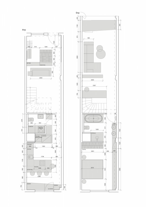 Interiér mezonetového bytu v Praze-Podolí, SMLXL, půdorysy