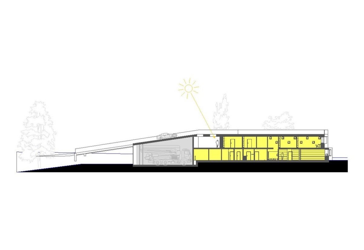 Administrativní budova ve Strančicích, podélý řez, Architektura s.r.o.