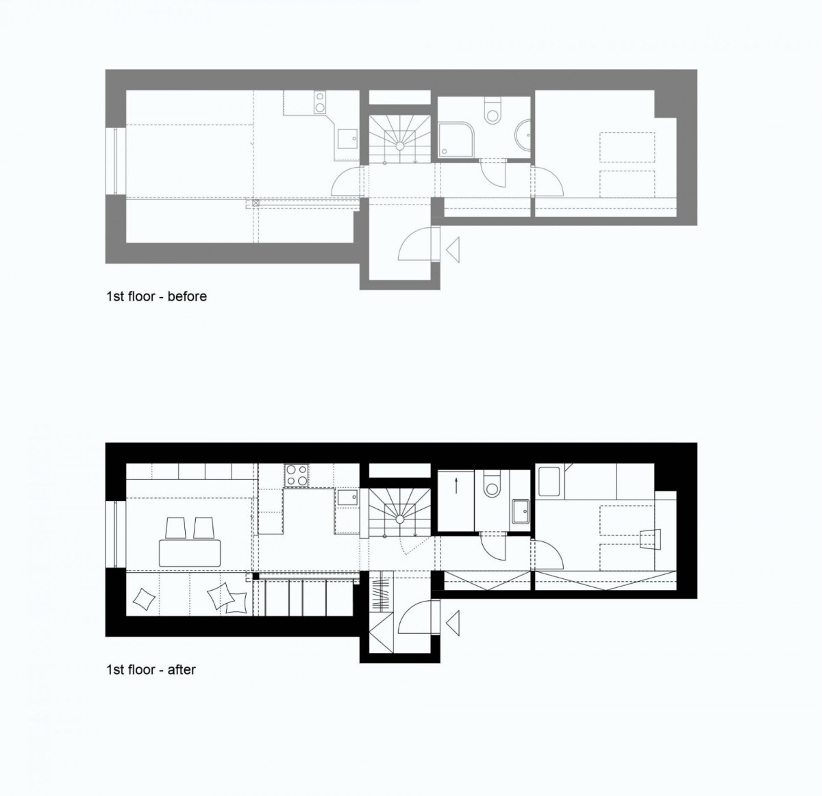Vršovické podkroví, půdorys, Mooza architecture / Klára Kuncová (Císařovská)