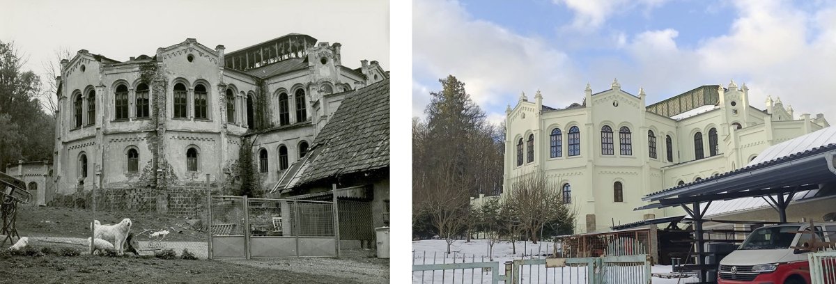 Jízdárna Světce, pohled od JZ (rok 1974 a 2025)