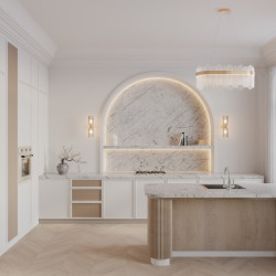 Společnost Technistone představuje nové dekory tvrzeného kamene inspirované luxusním mramorem: na obrázku dekor Romano Ricco