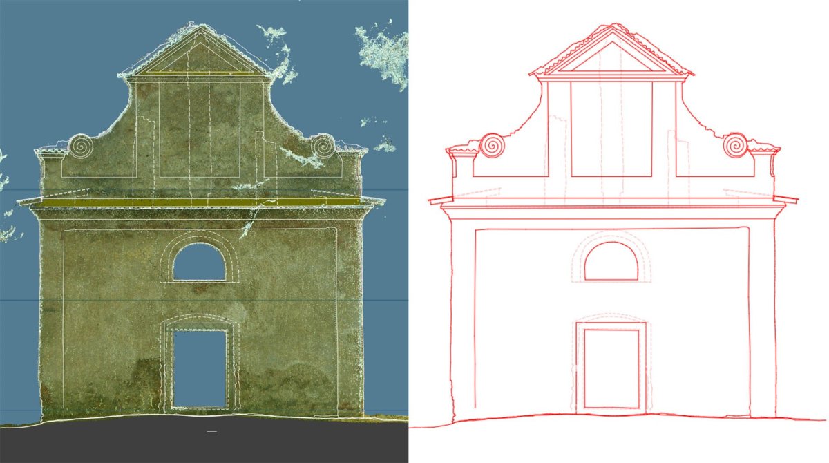 Nejen 3D model, ale i 2D výkresová dokumentace může vznikat na podkladu mračen bodů. Standardní 2D kresba může být navíc podložena mračnem bodů, které vytváří například texturu aktuálního stavu omítky. Pohled na průčelí Kaple sv. Anny u Pelhřimova.