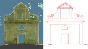 Nejen 3D model, ale i 2D výkresová dokumentace může vznikat na podkladu mračen bodů. Standardní 2D kresba může být navíc podložena mračnem bodů, které vytváří například texturu aktuálního stavu omítky. Pohled na průčelí Kaple sv. Anny u Pelhřimova.
