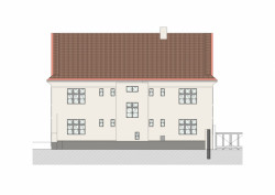 Rekonstrukce fasád Městského úřadu Odolena Voda, východní pohled, Grulich architekti