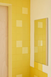 Detail žlutých obkladů v koupelně. (Byt pro malířku v Praze-Holešovicích od Plus One Architects)