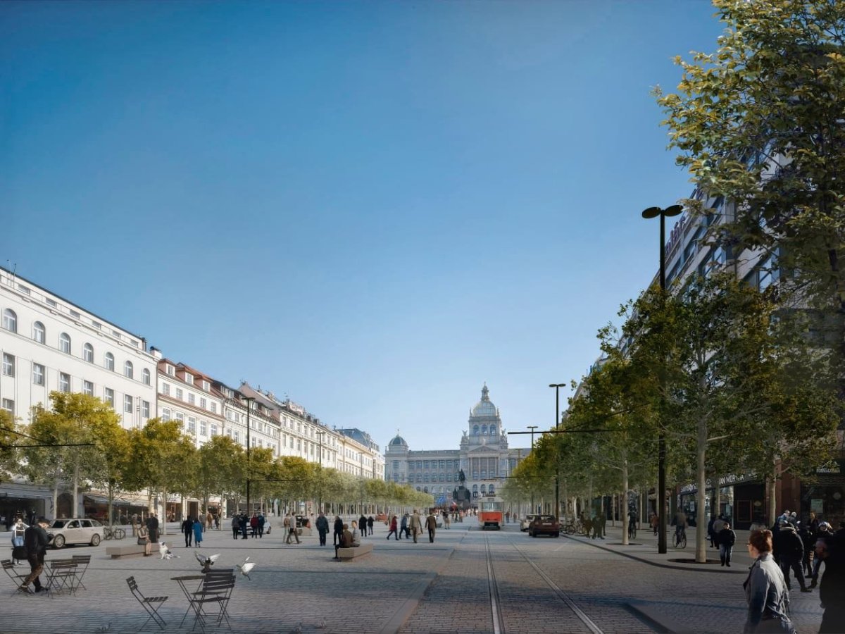 Rekonstrukce Václavského náměstí v Praze prošla aktualizací podle kanceláře Jakub Cigler Architekti. Tramvaje se mají vrátit do roku 2023.
