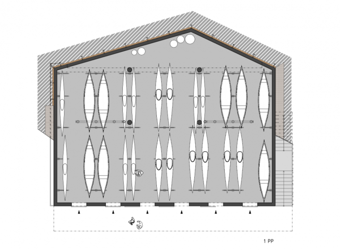 Loděnice Karloveské rameno v Bratislavě, OFFICE110 architekti, půdorys 1 PP